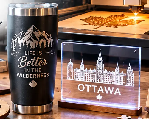 Black tumbler with wrap-around laser-engraved mountain artwork next to an engraved clear acrylic Ottawa display