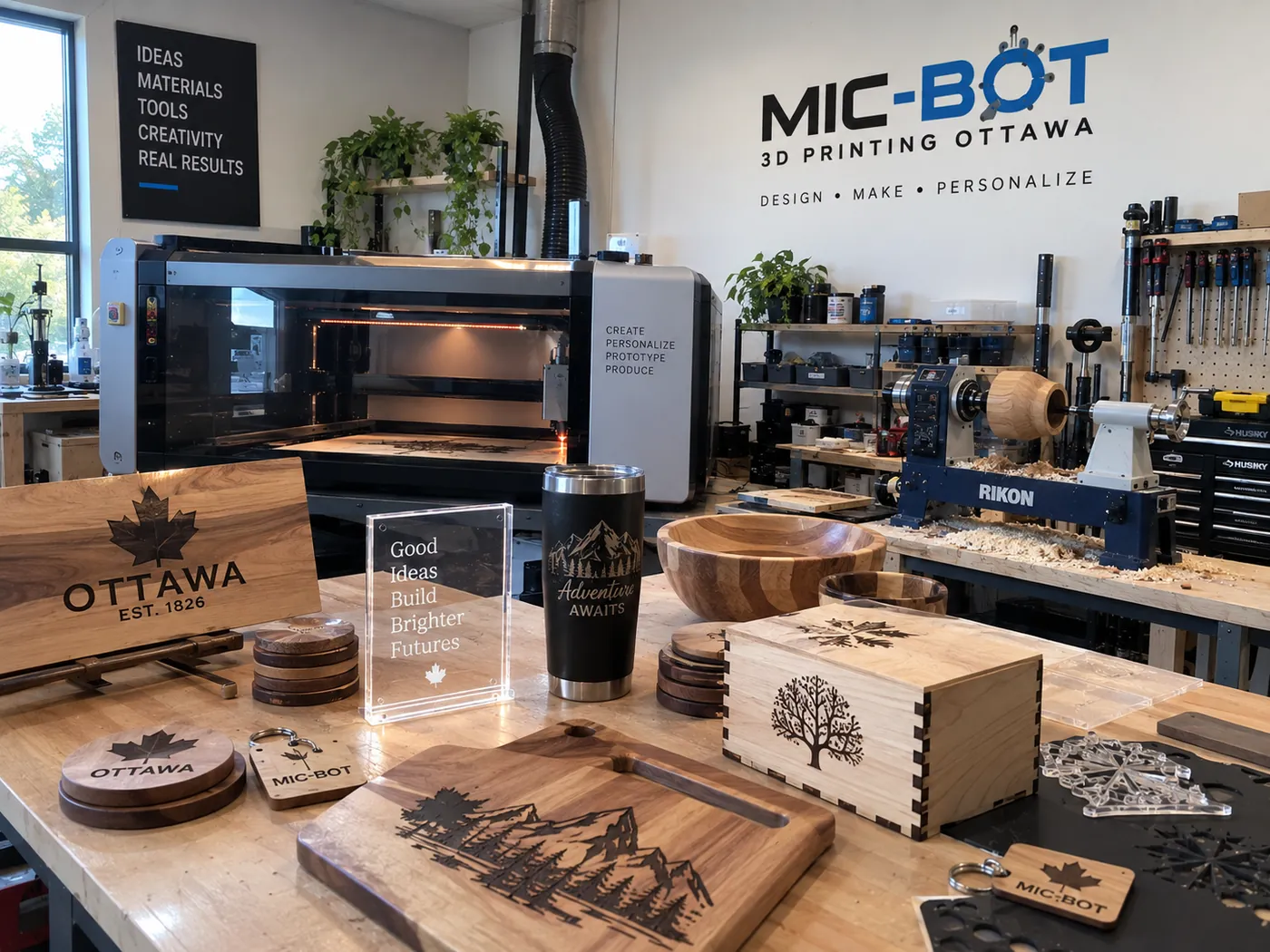 Mic-Bot 3D Shop workshop with a CO₂ laser, woodturning lathe and finished engraved wood, acrylic and tumbler products