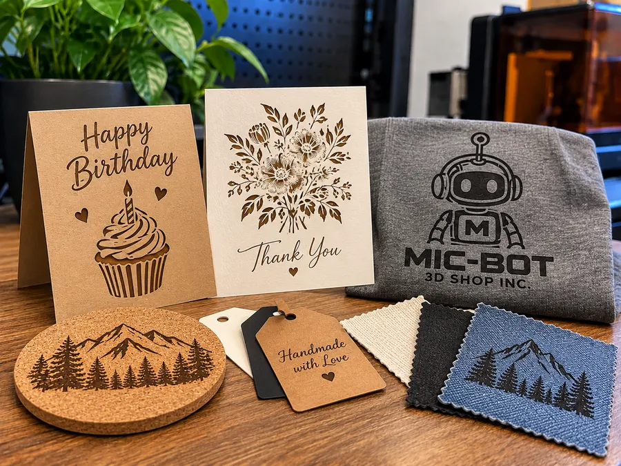 Laser-cut and engraved greeting cards, cork coaster, gift tags, fabric swatches and engraved t-shirt