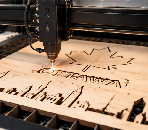 Laser cutting an Ottawa skyline and maple leaf design from a plywood sheet