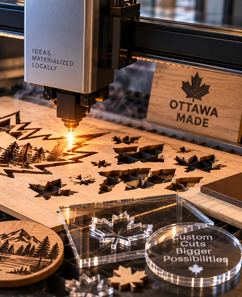 CO₂ laser cutting intricate maple-leaf and mountain shapes from plywood, with laser-cut clear acrylic pieces