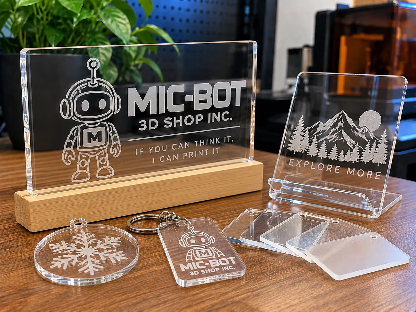 Laser-engraved clear acrylic sign on a wood base, acrylic display, snowflake ornament and keychains