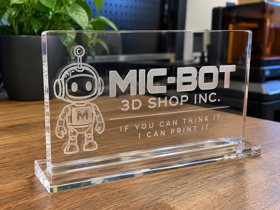 Clear acrylic sign laser-engraved with the Mic-Bot 3D Shop logo