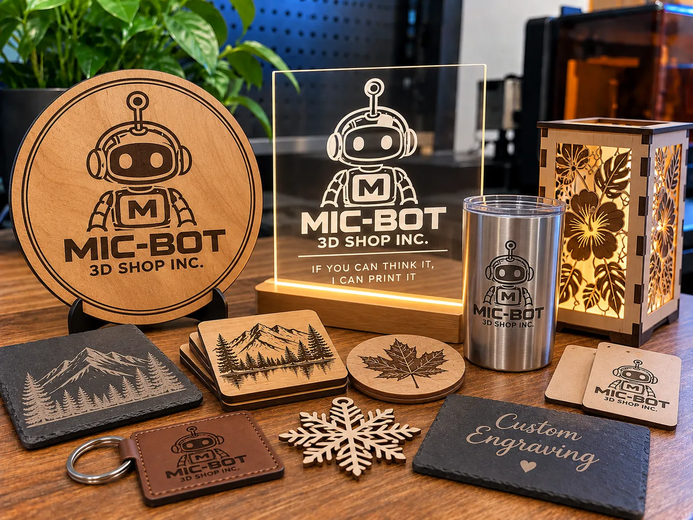 Assortment of laser-engraved and cut products: wood plaque, edge-lit acrylic sign, tumbler, lantern, slate and coasters