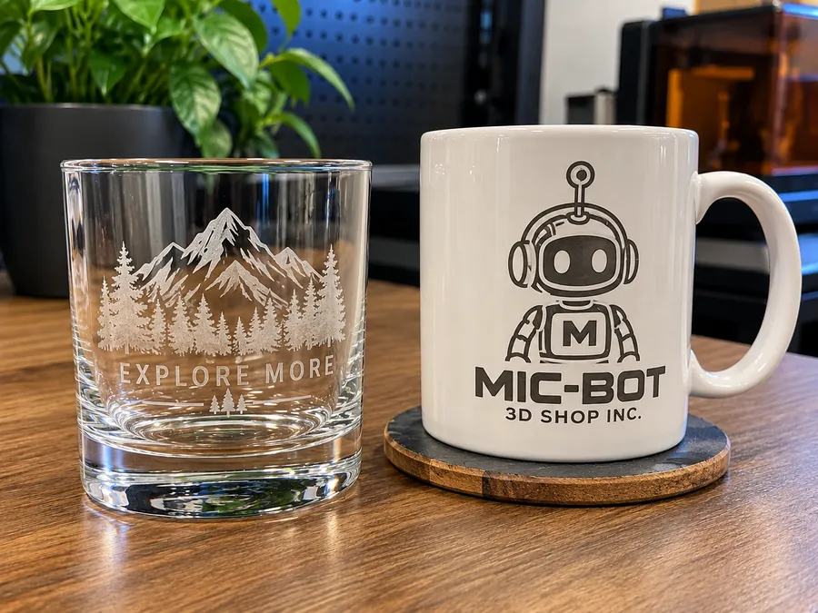 Laser-engraved whisky glass with a mountain design and a ceramic mug with the Mic-Bot logo