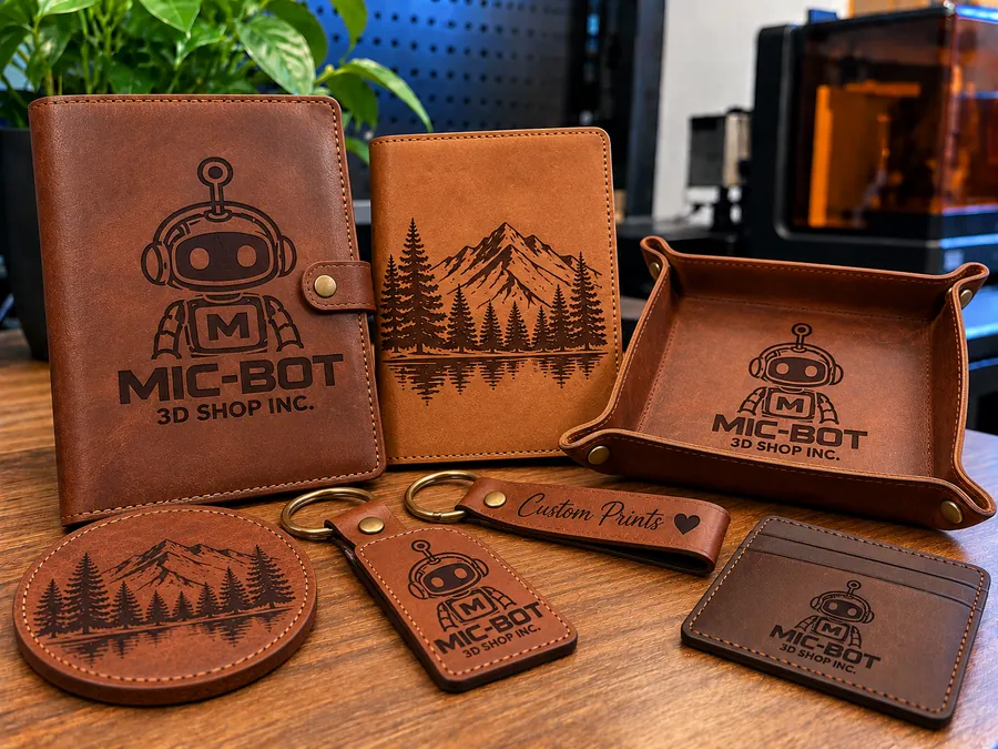 Laser-engraved leather journal, notebook, valet tray, coaster, keychains and card wallet