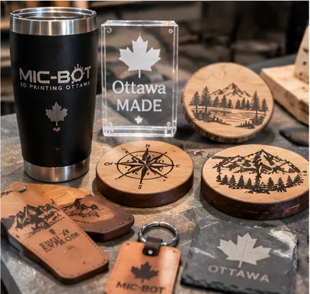 Laser-engraved tumbler, wood coasters, clear acrylic block and leather keychains