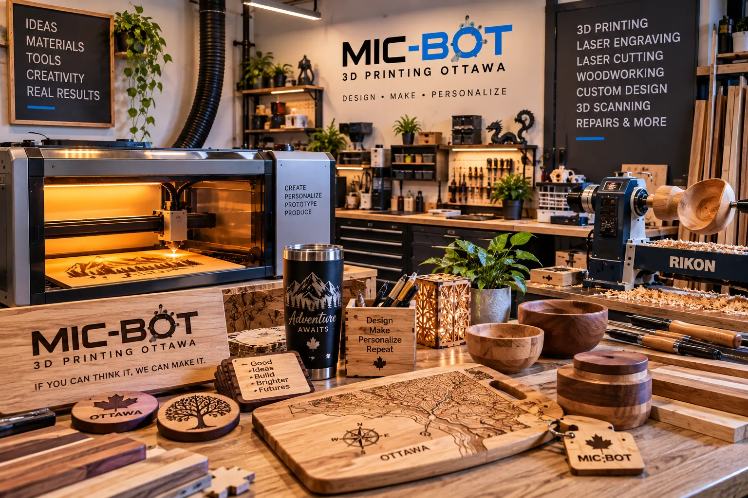 Personalized laser-engraved gifts: map cutting board, wood coasters, tumbler, pen holder and keychain in the Mic-Bot workshop