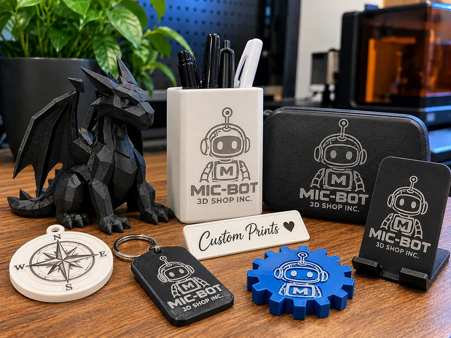 Laser-engraved 3D printed dragon, pen holder, phone stand, keychains and gear with the Mic-Bot logo
