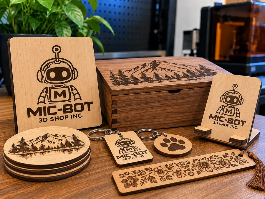 Laser-engraved wood sign, walnut box, coasters, keychains and bookmark with Mic-Bot logo and mountain designs