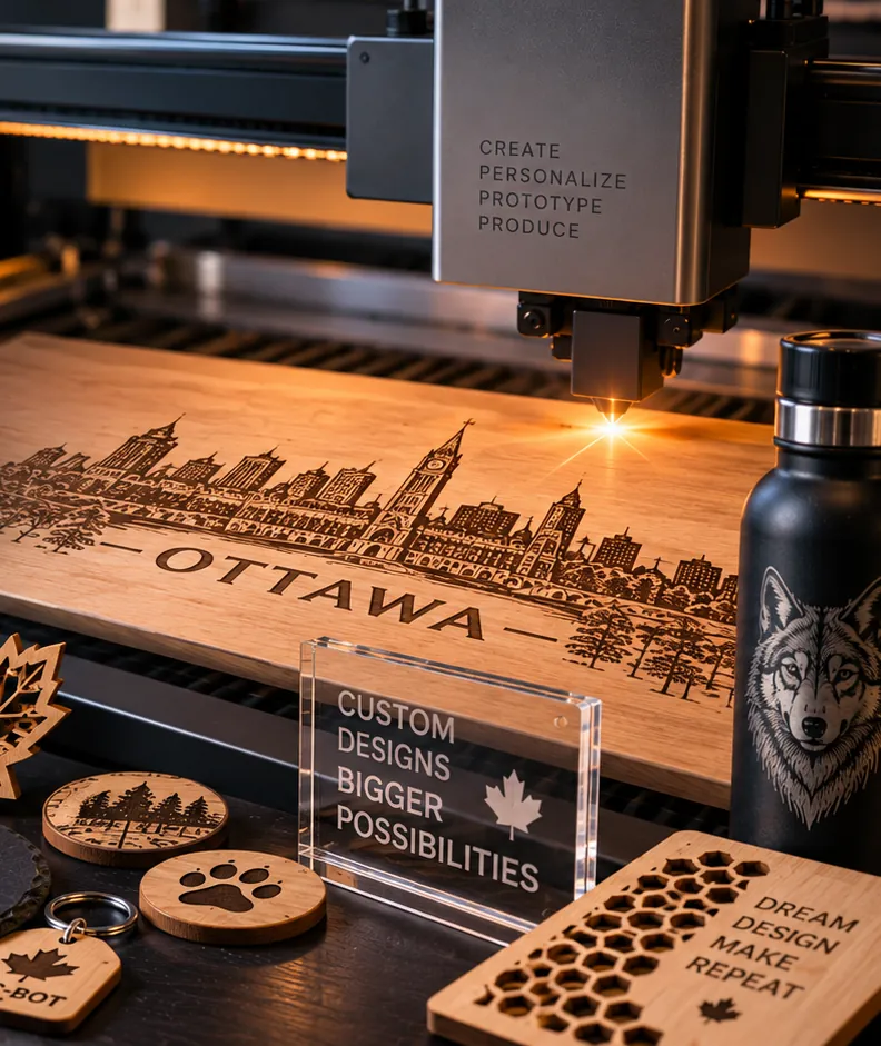 CO₂ laser engraving an Ottawa skyline into a wood panel, with engraved tumblers, clear acrylic and wood products
