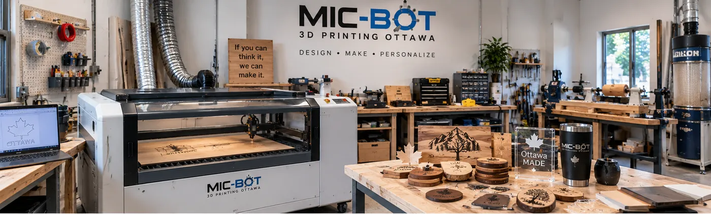 Mic-Bot 3D Shop laser engraving workstation with artwork positioned on a laptop and finished engraved products