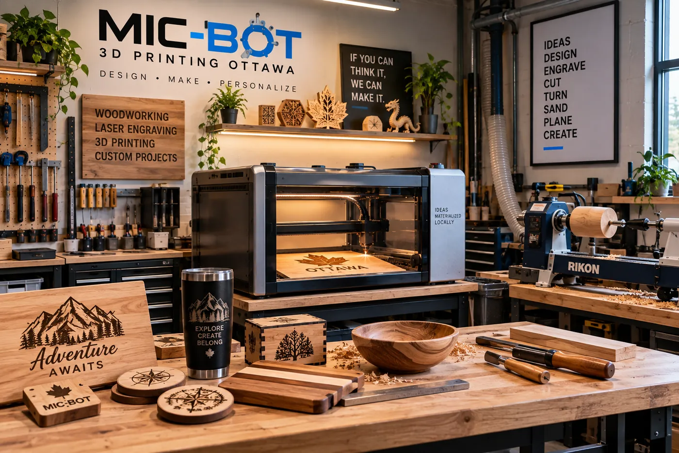 Mic-Bot workshop with a woodturning lathe, turned wooden bowl, cutting boards and laser-engraved wood products