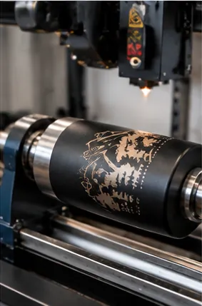 Black tumbler mounted on a rotary attachment being laser engraved with wrap-around artwork