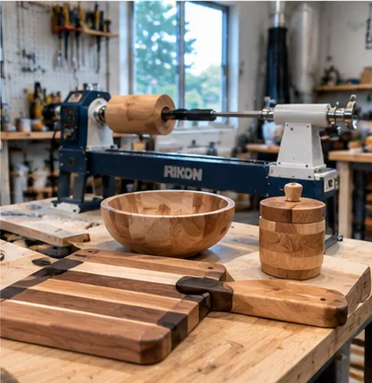 Woodturning lathe with a turned wooden bowl, lidded box and end-grain cutting board